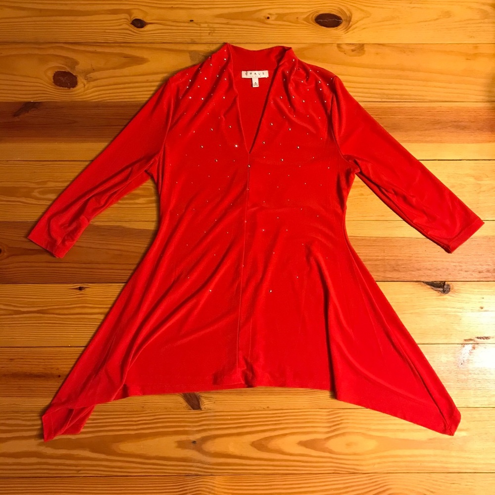 ๐ธ5/$30๐ธ Chaus Red Rhinestone Asymmetrical Top, EUC, S - Picture 1 of 13